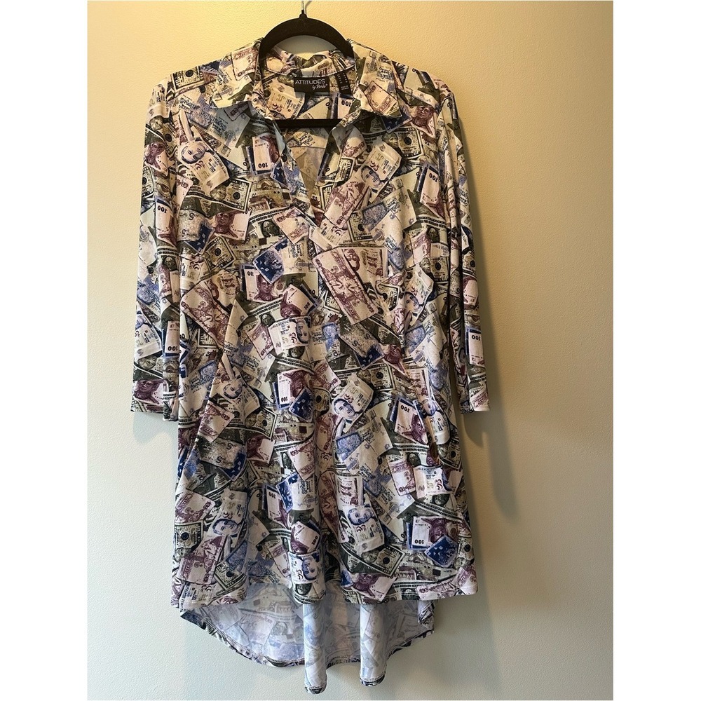 Money Print Novelty Attitudes by Renee Tunic Top Size S Cream High Low Pocket